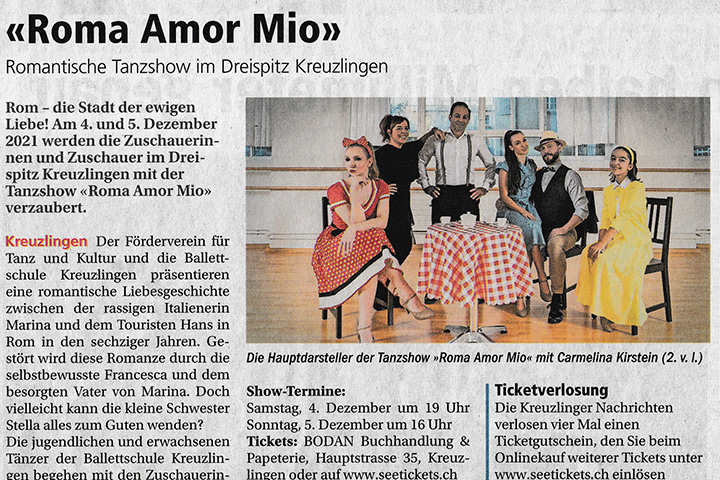 Artikel zu unserer Tanzshow »Roma Amor Mio« in den Kreuzlinger Nachrichten vom 25.11.2021. 